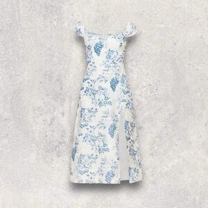 Reformation Bridgton Corsica Blue White Linen Side Slit Midi Dress Size 2 B2329